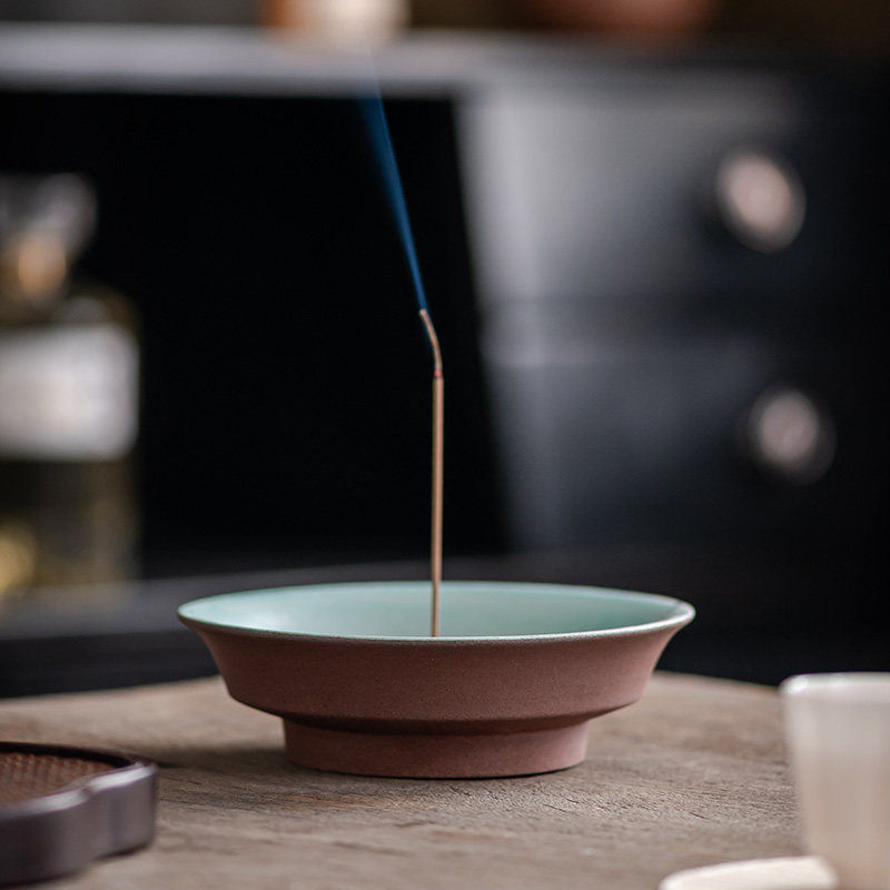 粗陶仿古盘线香插 陶瓷线香座 新中式禅意质朴茶桌接灰盘香道摆件