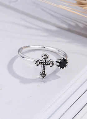 欧美复古骑士十字架黑锆石藏银戒指女士个性开口饰品情侣指环礼物
