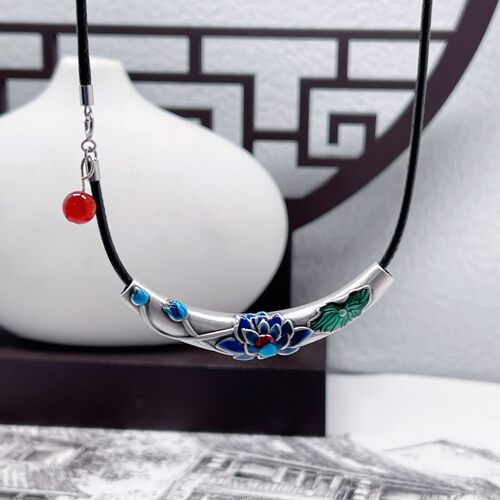 莲花弯管泰银项链女士烧蓝