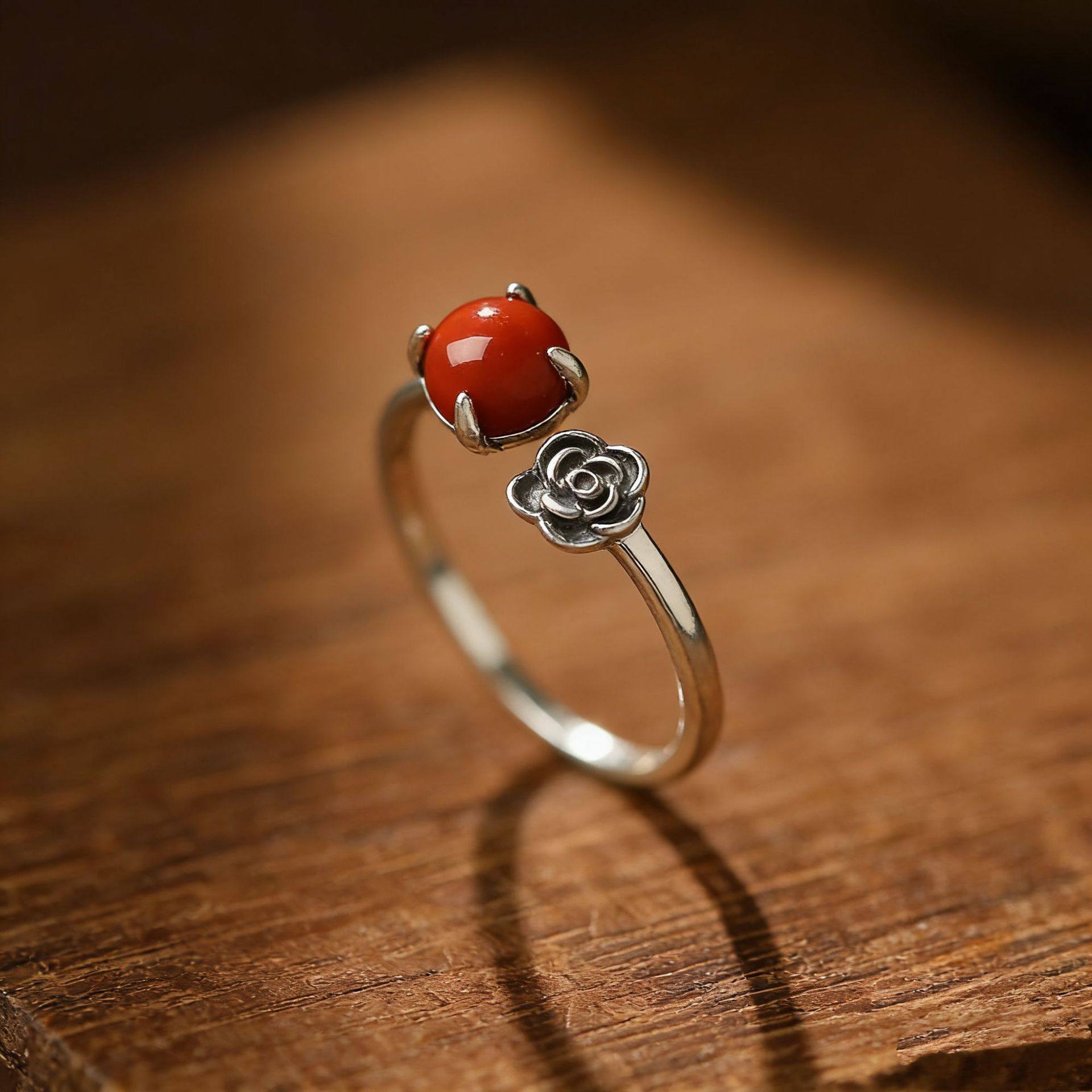 国潮复古玫瑰花红石花朵藏银戒指女士森系小清新开口饰品素银指环