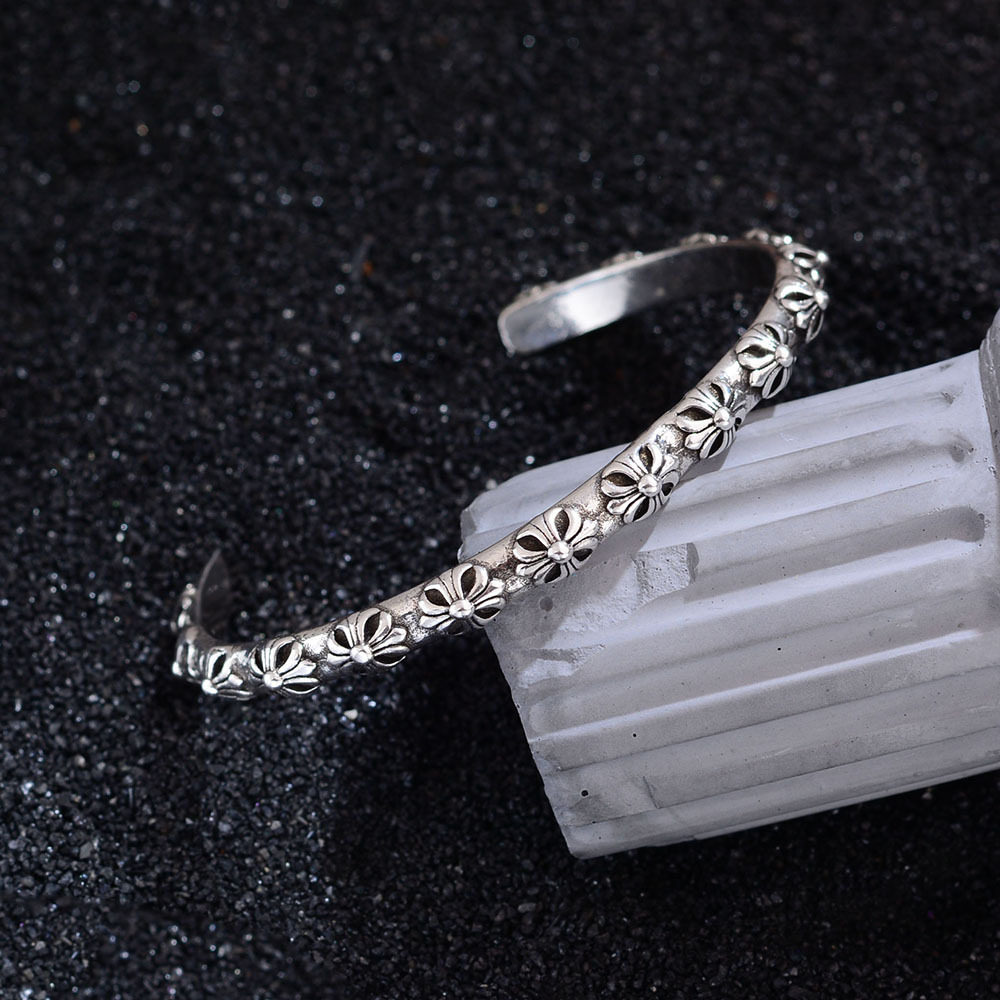 欧美复古藤花十字架藏银手镯男女简约冷淡风花纹开口饰品情侣手环