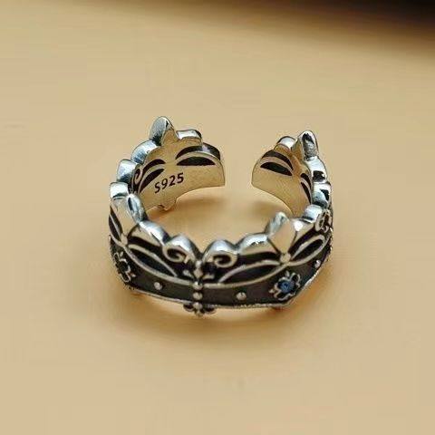 欧美复古皇冠藏银戒指女士个性嘻哈街头开口饰品情侣素银指环礼物