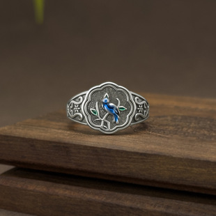 国潮复古烧蓝喜鹊登梅藏银戒指女士个性开口饰品小众百搭指环礼物