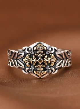 复古十字金鸢尾花泰银戒指