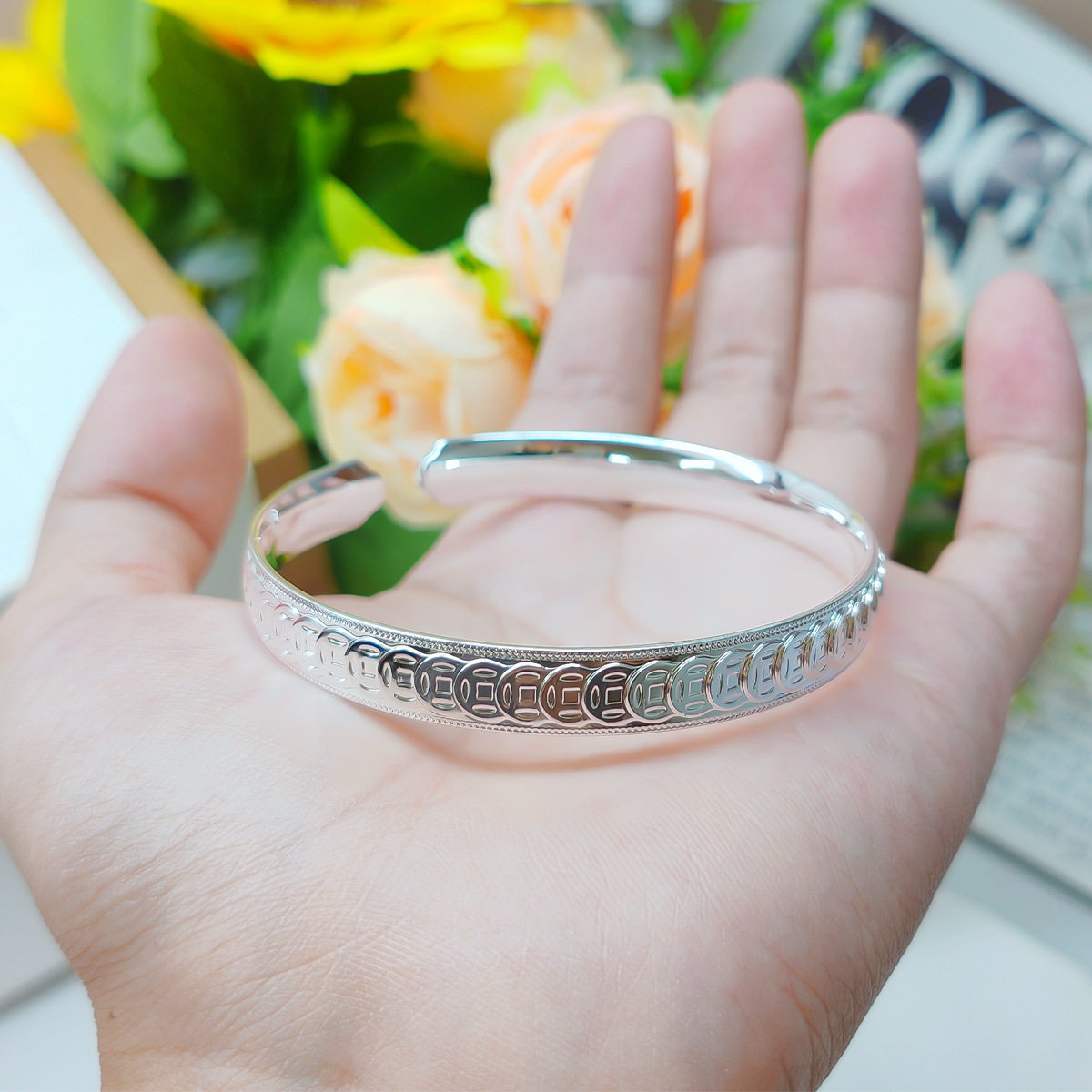 国潮复古钱币纹钱多多藏银手镯女士个性轻奢开口素银手环女友礼物