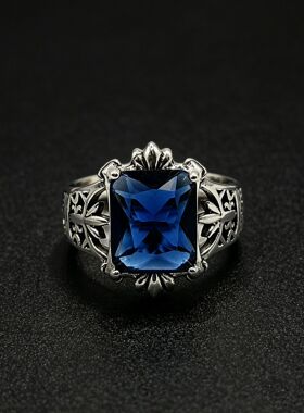 欧美复古蓝色水钻花草纹藏银戒指男女个性开口饰品情侣素银指环潮