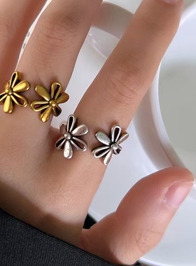 日韩复古双生花藏银戒指女士小众不对称开口饰品素银指环闺蜜礼物