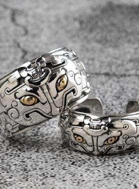 复古神兽饕餮做旧泰银食指尾戒