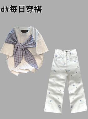 女童夏季新款短袖绑带蝴蝶结上衣+kitty白色牛仔裤套装ins风穿搭
