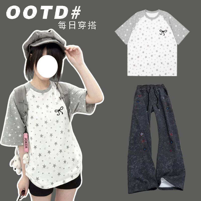 美式穿搭星星印花拼色上衣+黑色扎染休闲裤子套装中大童ins风潮流