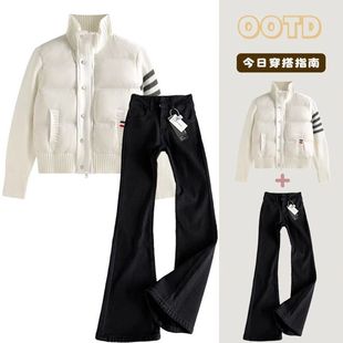 中大童装四条杠拼接针织棉服立领外套+中大童黑色柳叶弯刀牛仔裤