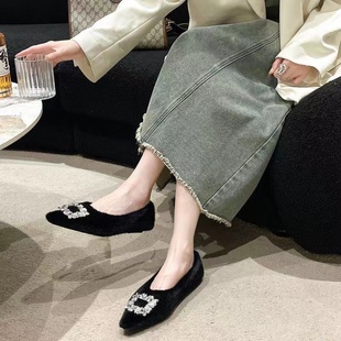 尖头毛毛鞋女秋冬外穿2025新款韩版女士气质平底单鞋加绒豆豆鞋子