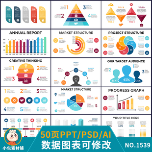 数据图表统计分析时间轴线流程图扇形图饼图柱状图ppt模板psd ai