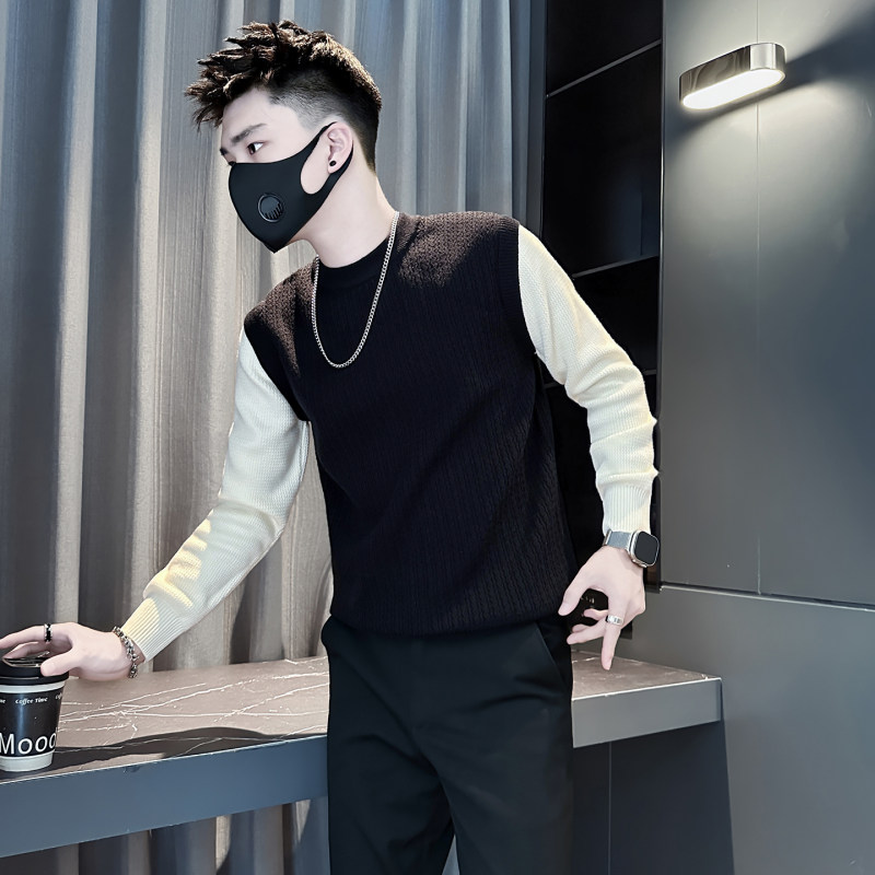 小码男装矮小个S号XS潮流设计感假两件拼接毛衣修身保暖加厚线衣