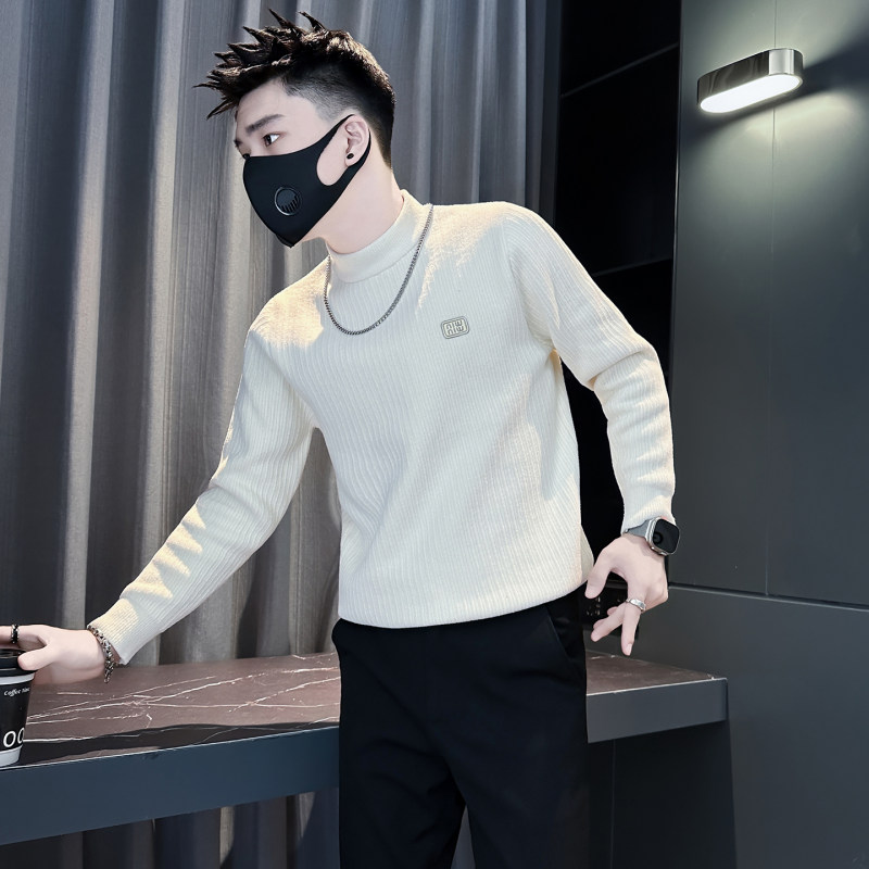 冬装男S小码绣标半高领加厚毛衣针织衫XS号潮牌百搭打底保暖线衣