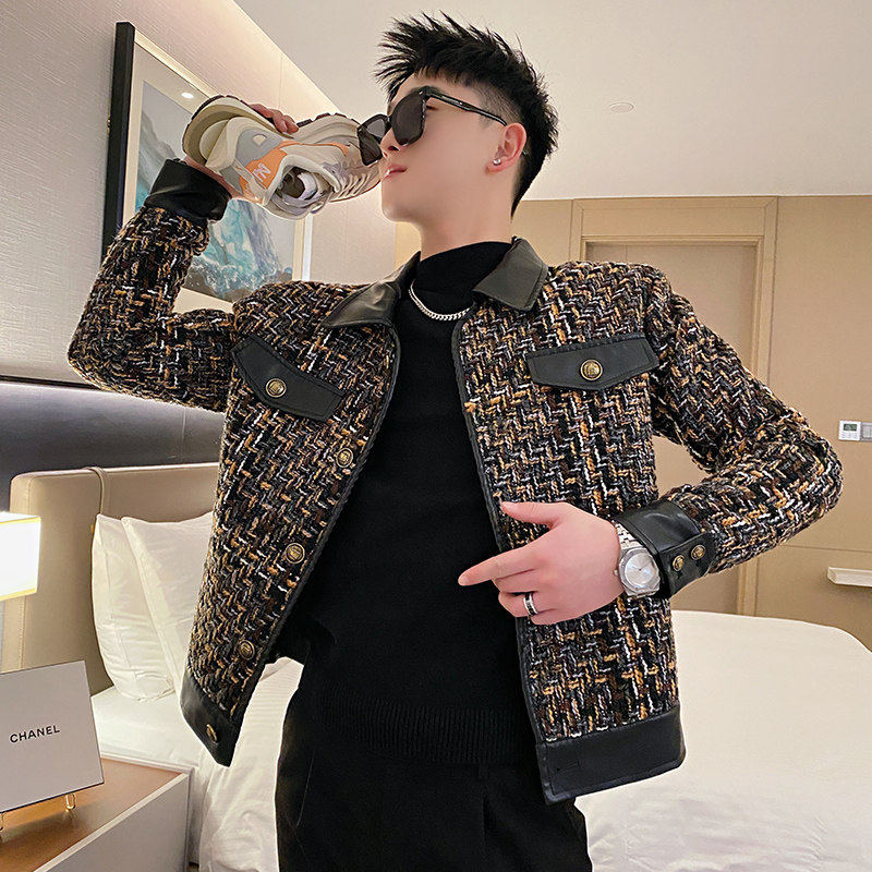 小码男装秋冬季社会小伙小香风编织拼皮外套S号XS码韩版短款夹克