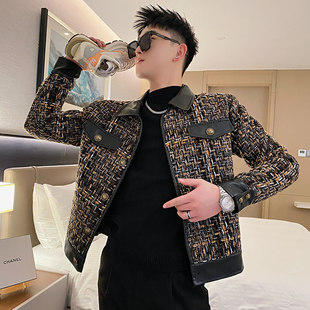 小码男装秋冬季社会小伙小香风编织拼皮外套S号XS码韩版短款夹克