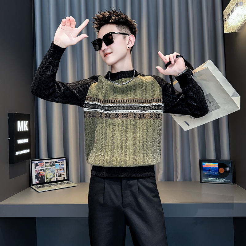 潮牌提花拼接休闲线衣冬季小码男装160矮小个子S号XS码毛衣针织衫