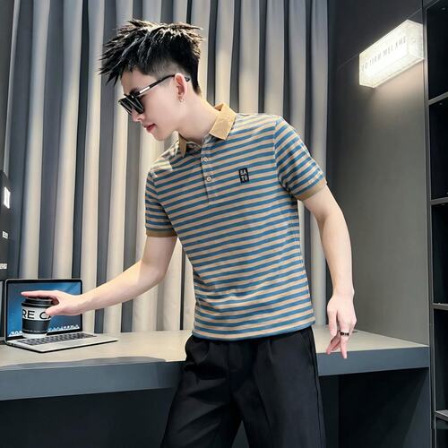 S号XS矮个子夏季条纹polo衫男韩版修身翻领短袖T恤半截袖小码体恤