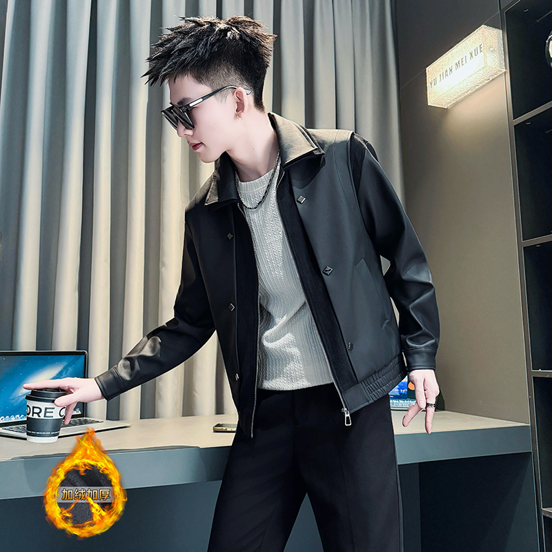 潮牌小码夹克男XS秋冬休闲青年加绒保暖皮外套小个子160时尚男装S