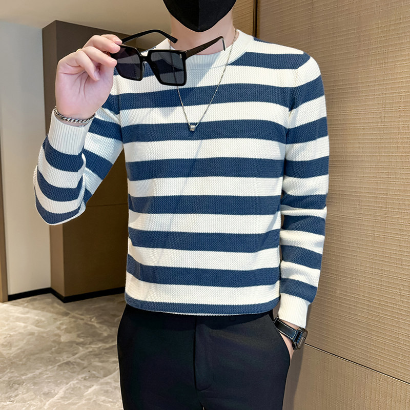 XS155小码男装秋冬条纹圆领针织衫矮个子S号XS修身毛衣简约打底衫