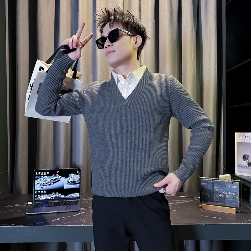 小码男装秋冬衬衫领假两件毛衣160男士S号XS码修身休闲针织打底衫