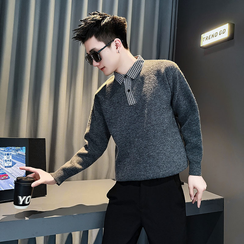 冬装160小码男装社会小伙假两件毛衣打底针织衫矮小个子S号XS线衣