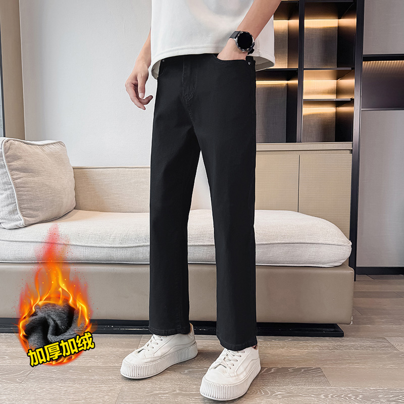 九分裤XS小码男装矮小个子秋冬美式微宽直筒黑色加绒加厚牛仔裤男