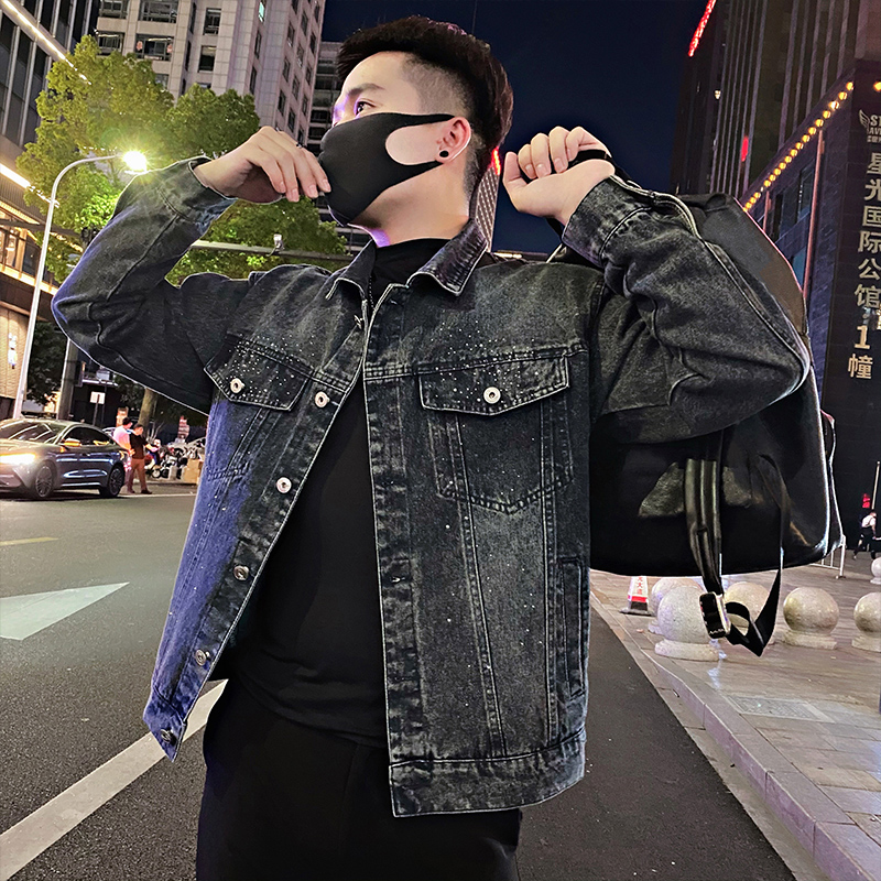 小码男装秋季美式烫钻渐变牛仔外套S号XS码轻奢时尚休闲宽松夹克