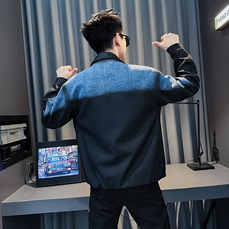 潮流机车服皮衣夹克男外套秋冬牛仔拼接翻领休闲痞帅装S小码褂子