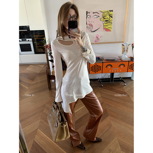 上衣女小众设计感 镂空不规则下摆撞色线长袖 THREE GOOOD殷三吉