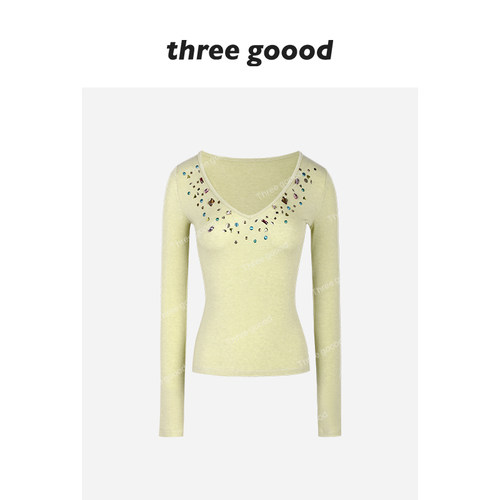 殷三吉钻语眠星V领烫钻针织衫