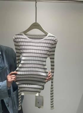 THREE GOOOD殷三吉 32%绵羊毛编织层次条纹圆领针织打底 DZZ24001