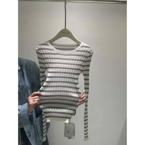 THREE GOOOD殷三吉 32%绵羊毛编织层次条纹圆领针织打底 DZZ24001