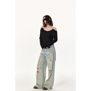 GOOOD殷三吉 长裤 复古美式 阔腿裤 重工做旧破洞牛仔裤 THREE