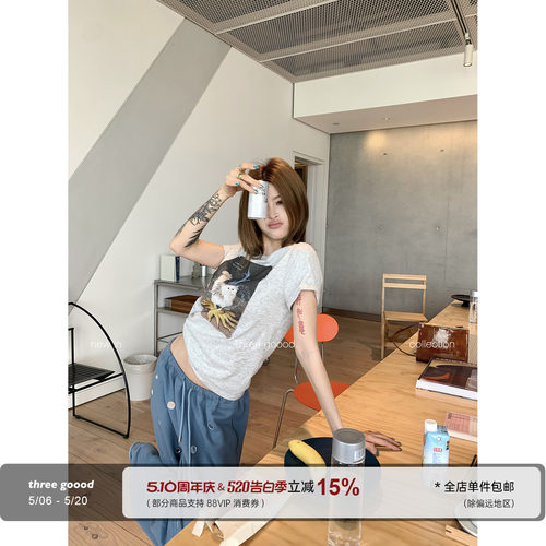 THREEGOOOD可爱猫咪印花T恤