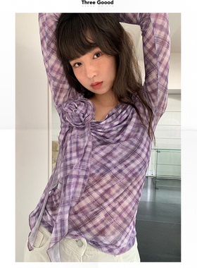 THREE GOOOD殷三吉 紫苑云霓时髦甜美格子玫瑰花网纱打底上衣女新