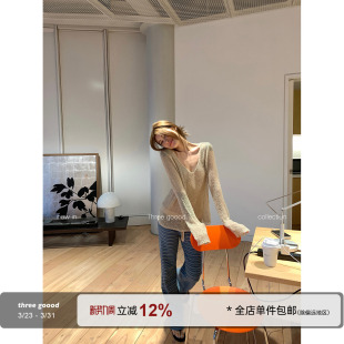 毛织罩衫 透视镂空V领长袖 碎光慵懒氛围感上衣 GOOOD殷三吉 THREE