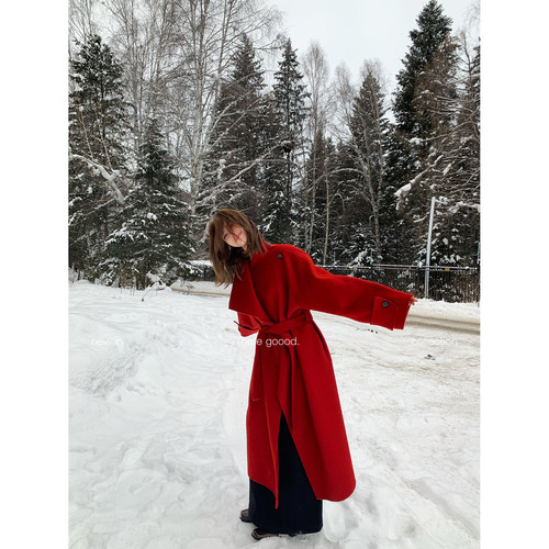 THREE GOOOD殷三吉 绯衣落雪大翻领长款廓形双面呢大衣毛呢外套女