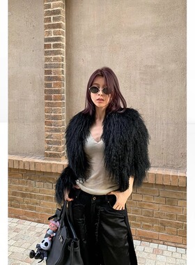 THREE GOOOD殷三吉【香奢夫人】长滩毛翻领短款真皮草外套女2025