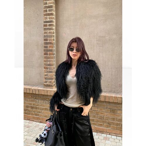 THREE GOOOD殷三吉【香奢夫人】长滩毛翻领短款真皮草外套女2025