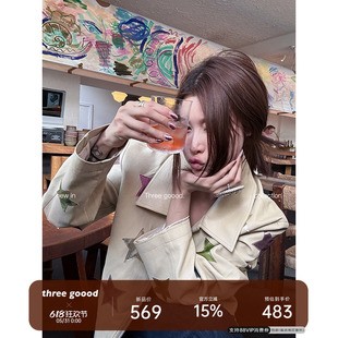 THREE GOOOD殷三吉 PU皮肌理感正肩修身版五角星贴布外套女冬上衣