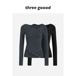 THREE GOOOD殷三吉 不规则弹力斜襟长袖上衣T恤打底内搭