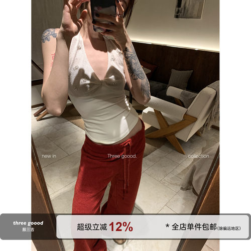 THREE GOOOD殷三吉 绛红旧调软糯糯绒感抽绳阔腿冬季直筒休闲长裤 - 封面