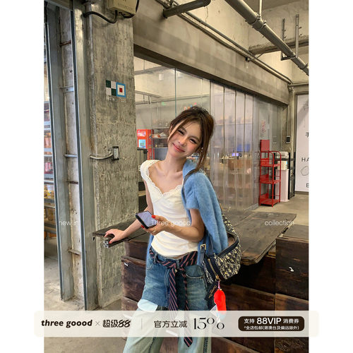 THREE GOOOD殷三吉 短袖蕾丝拼接T恤上衣Y726Y12041