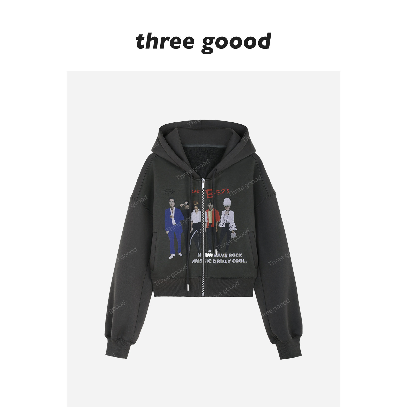 THREE GOOOD殷三吉 乐队人物印花加绒开衫连帽卫衣外套小众不撞款