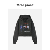 THREE 连帽卫衣外套小众不撞款 GOOOD殷三吉 乐队人物印花加绒开衫