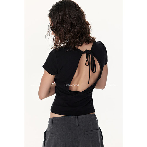 领子系带蝴蝶结后背交叉露背T恤