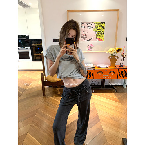 假两件绑带阔腿针织卫裤