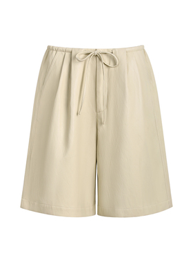 THREE GOOOD殷三吉 抽褶金属丝蛋白皮中裤阔腿低腰慵懒